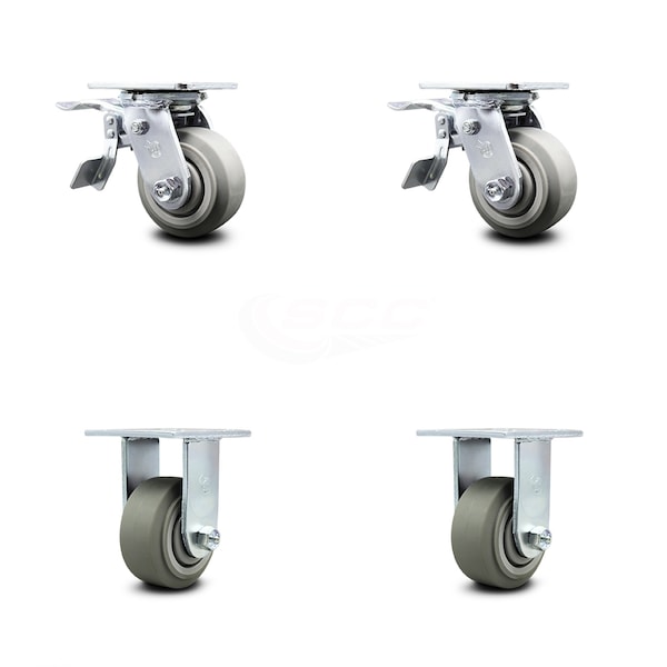 4 Inch Thermoplastic Rubber Caster Set with Ball Bearings 2 Brakes 2 Rigid SCC